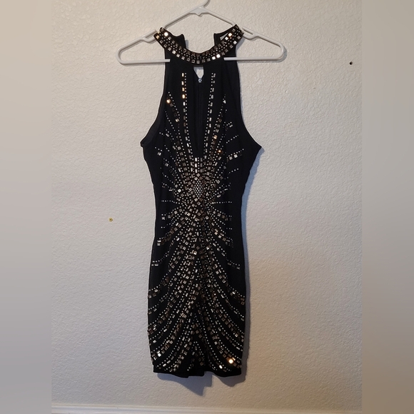 Paradiso Black and Gold Rhinestone Gem Embellished Mini Halter Dress Size Large - Picture 4 of 15